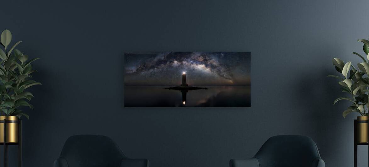 Lighthouse Beneath the Milky Way – Beacon of Light in the Cosmos by MotivatePrints