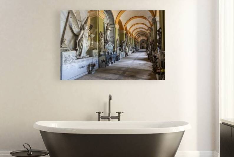 Staglieno cemetery corridor perspective. Extensive monumental c by Paolo Modena