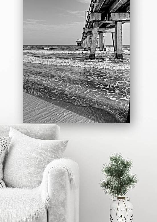 Splashing Waves Beside Gulf Shores Pier Grayscale by Jennifer White