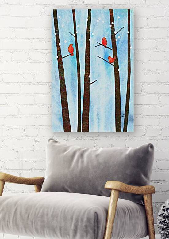 Birds in a winter forest paper collage by Karen Kaspar