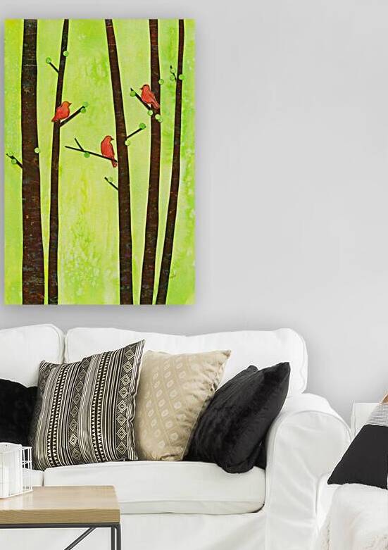 Birds in a spring forest paper collage by Karen Kaspar