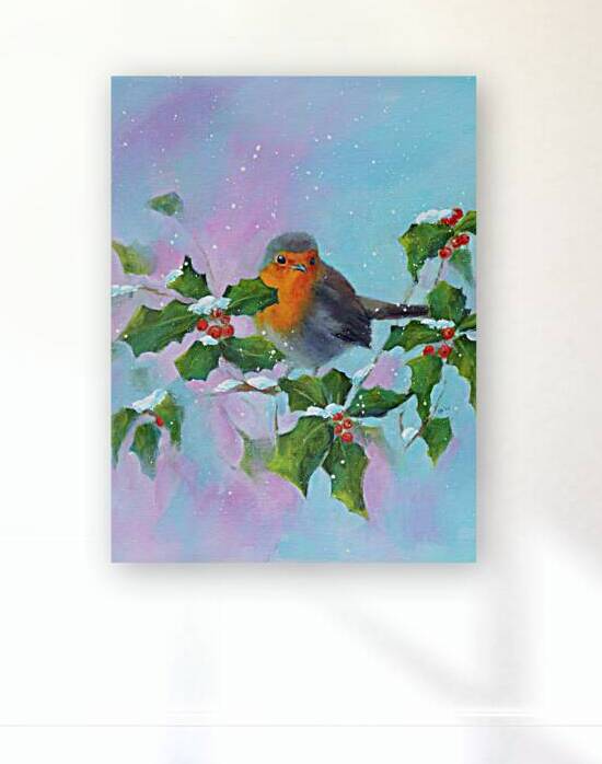Robin with holly and winterberries vertical by Karen Kaspar