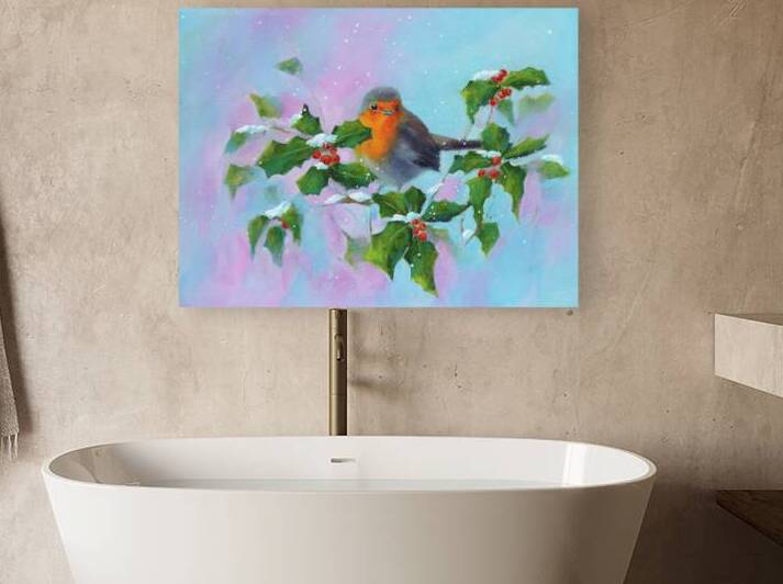 Robin with holly and winterberries acrylic painting by Karen Kaspar