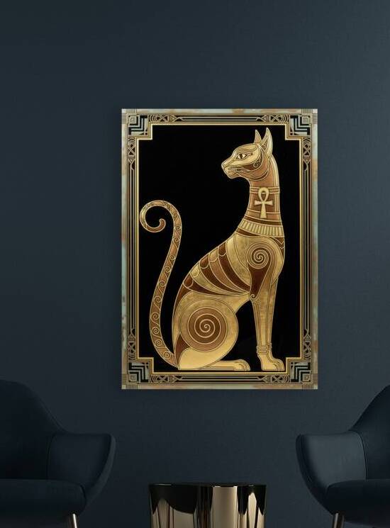 The Golden Guardian: An Art Deco Homage to Bastet by Sumer Paintings