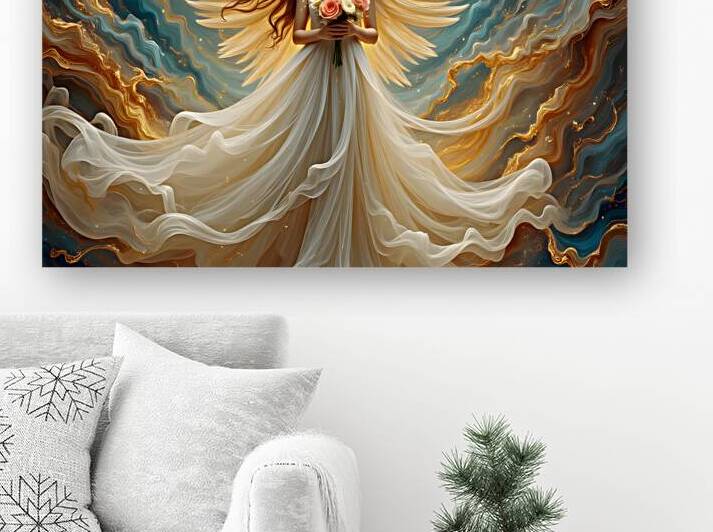 Ethereal Guardian Angel in Flowing Golden Light with Sacred Rose Offering by David Enders