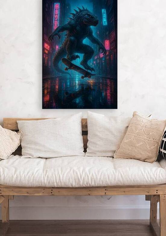 Night Skater Kaiju on Rainy Neon City Streets by Aaron Potts