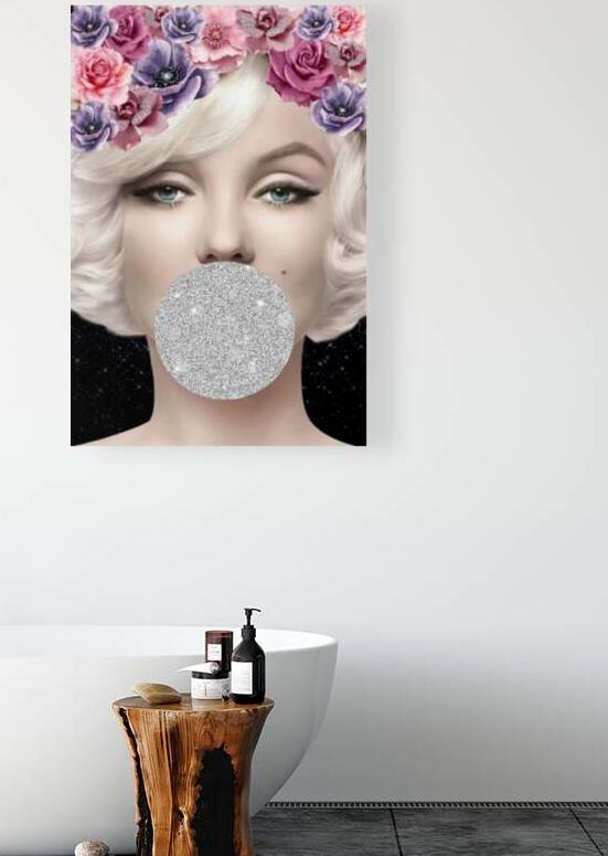 Marilyn Monroe Inspired Bubblegum Art – Floral Crown Silver Glitter Pop Art | Glam Wall Decor | Modern Feminine Artwork by ArtByLumy