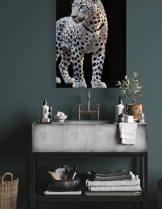 Luxury White Leopard Artwork Sparkling Gemstone Crystal-Encrusted Snow Leopard Artwork Elegant Wildlife Wall Art  by ArtByLumy