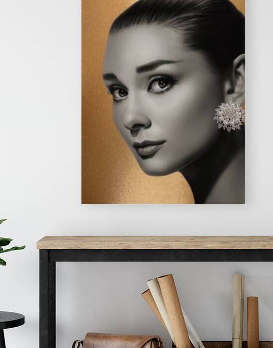 Audrey Hepburn Golden Glitter Wall Art Luxury Rhinestone Style Portrait by ArtByLumy