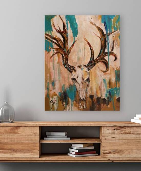Wildborn – Atypical Antler Deer Skull | Western Rustic Wildlife Skull Art Print | by Native American artist Connie D. Phillips  by Connie D Phillips
