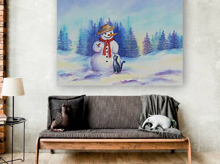 Snowman with cat and bird in winter landscape by Karen Kaspar