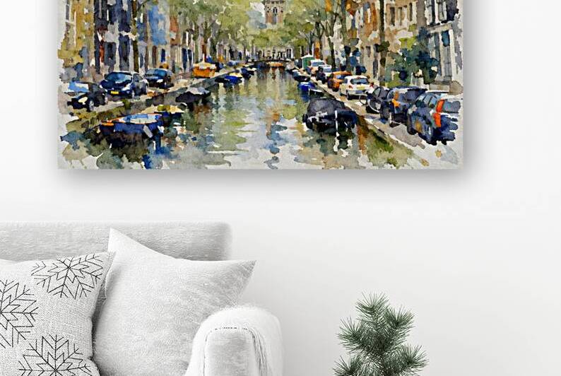 Amsterdam Canal with Historic Tower Watercolor Cityscape by Marian Voicu