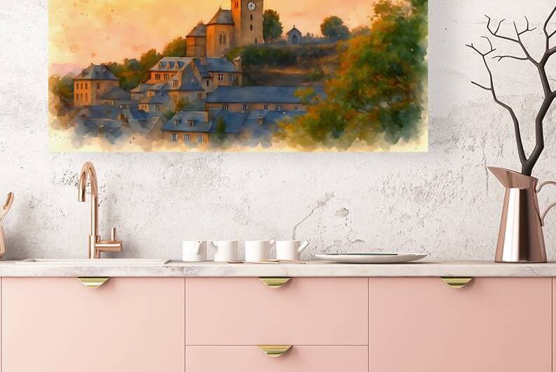 laguiole village golden hour aubrac watercolor la by M ALK