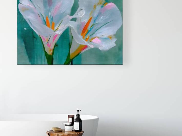 Twin Irises – Minimalist White Iris Flower Art Print by Savage Art Prints