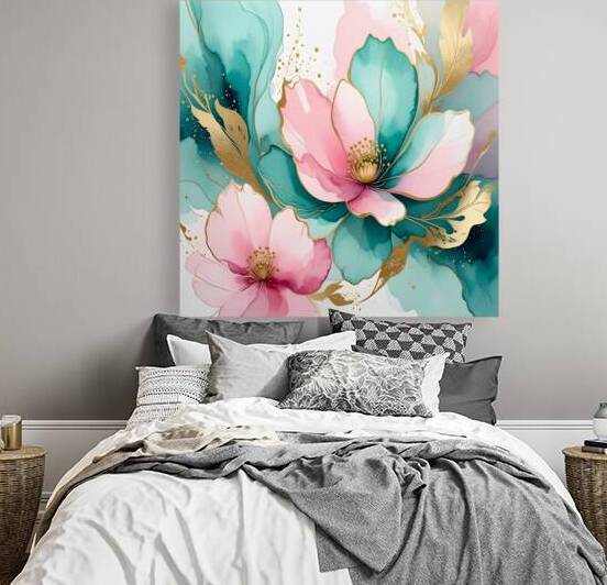 Watercolor Bloom Abstract: Pastel Teal and Pink with Gold by ALIXORCA19