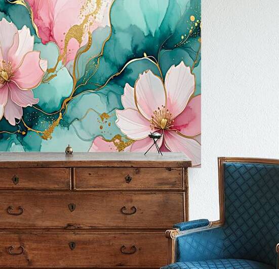 Watercolor Bloom Abstract: Pastel Teal and Pink with Gold by ALIXORCA19