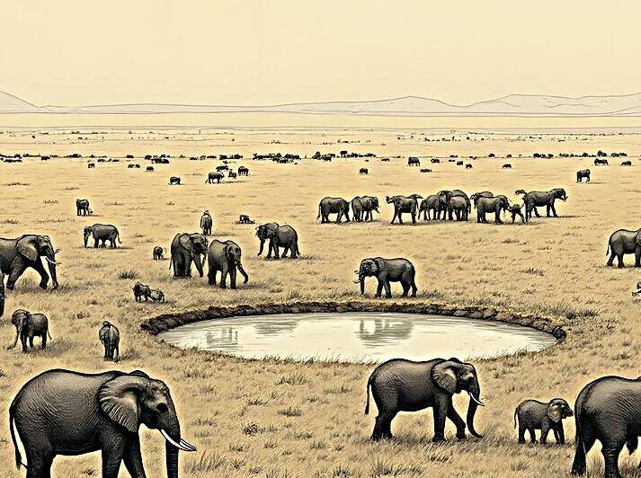 Sepia Wildlife Drawing – Elephants at Savannah Watering Hole by AME