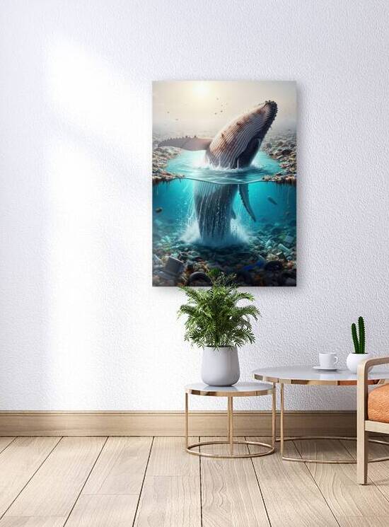 Whale Pollution: Giant Whale Breaching Amidst Ocean Plastic and  by Maxi Art