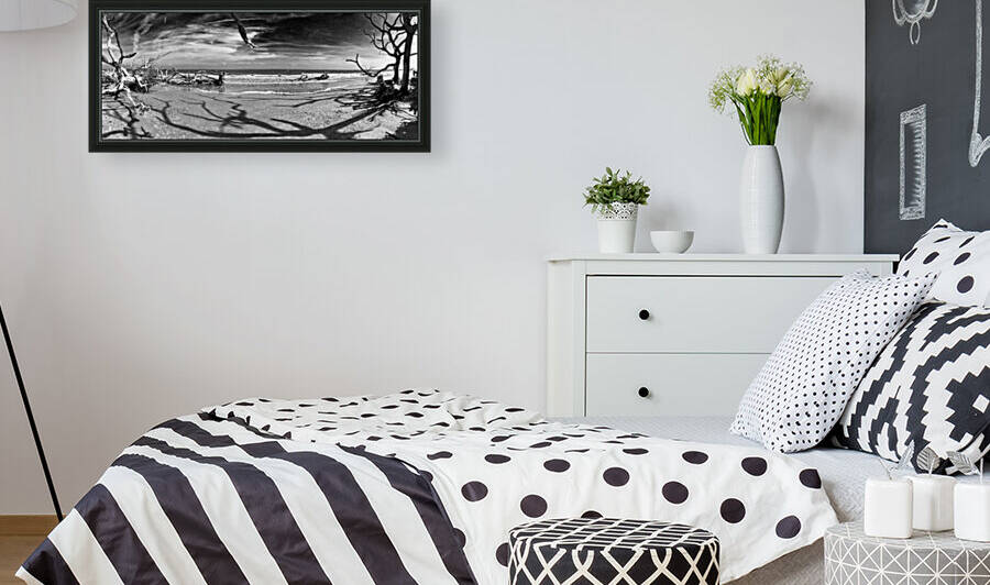 Driftwood Beach Panorama Shadows Black and White by Bill Swartwout Photography