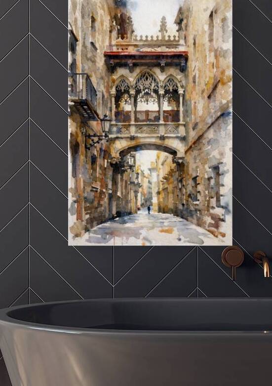 Watercolor Scene of Carrer del Bisbe with Gothic Bridge in Barcelona by Marian Voicu