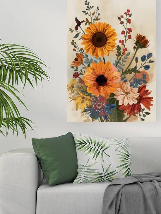 Vintage Floral Bouquet Art with Sunflowers and Autumn Blooms by Wall art designer67