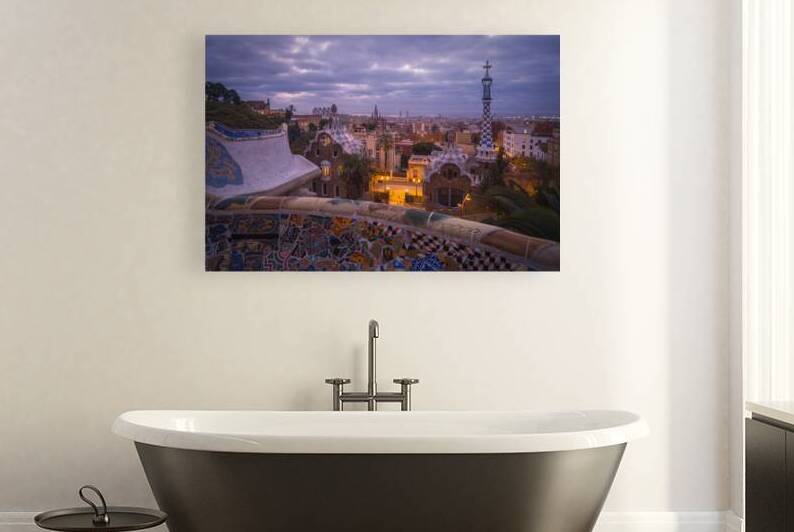 Sunrise glow over Park Guell a masterpiece in Barcelona Catalo by photocluster