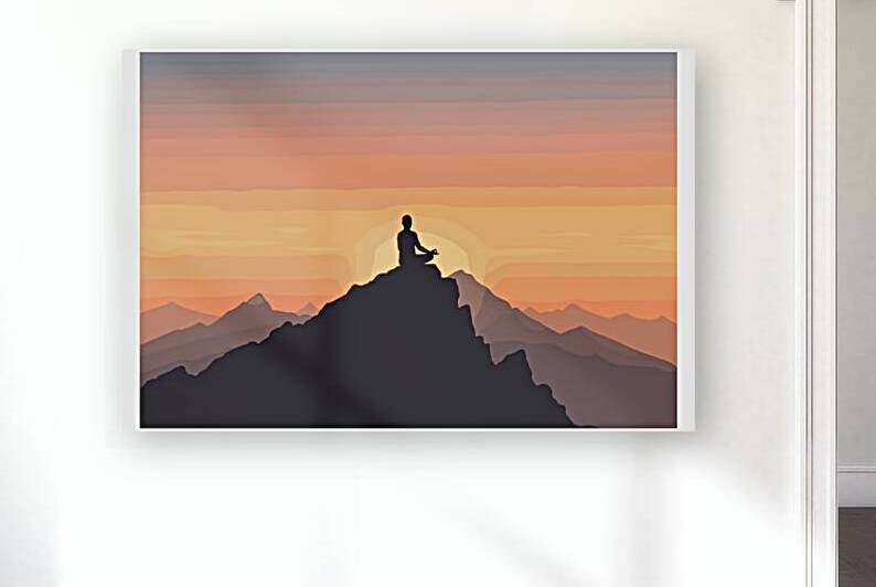 Silhouette of person meditating on mountain peak during sunset by Nora studio