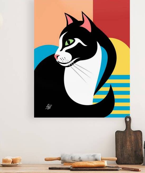 Colorful Modern Cat Illustration With Bold Black White Shapes And Vibrant Backdrop by Liz Cereby