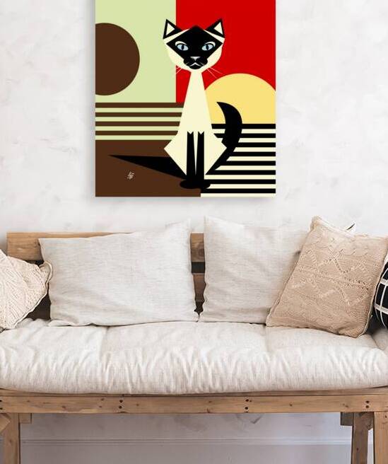 Colorful Modern Siamese Cat Illustration With Bold  Shapes And Geometrric Backdrop by Liz Cereby