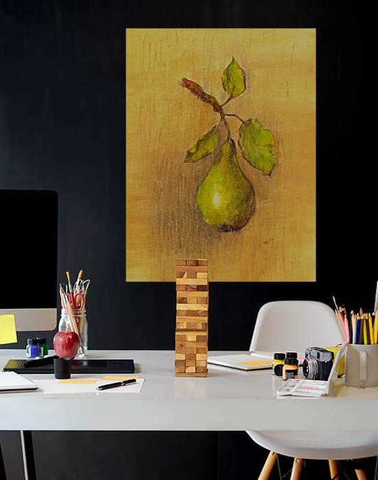 Green pear with leaves watercolor painting by Karen Kaspar