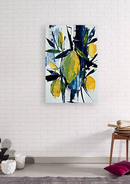 Abstract Lemon Harvest and Indigo Botanical Blue - Yellow Modern Fruit Art by Chris Butler