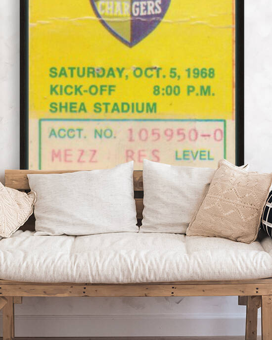 1968 American Football League San Diego Chargers vs. New York Jets Ticket Stub Art Reproduction by Row One Brand