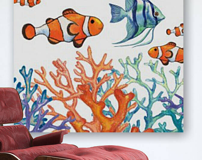 Angel Fish and Clown Fish In Coral Reef Watercolor  by Irina Sztukowski