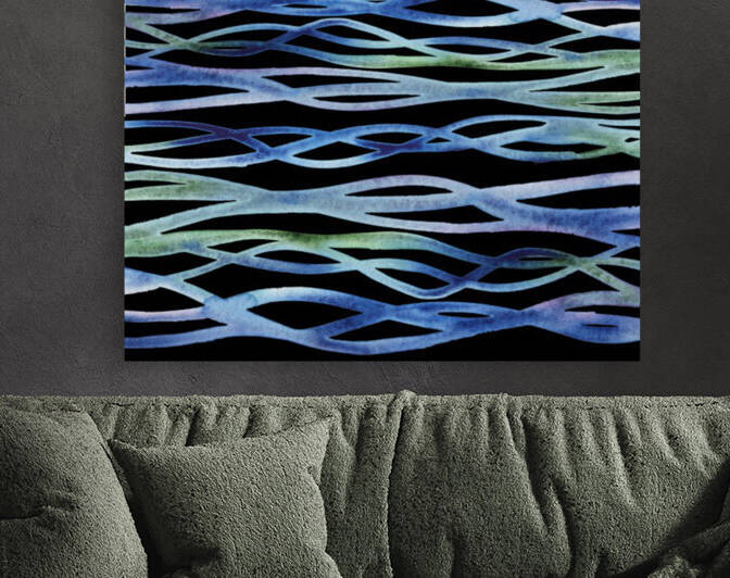 Blue Green Purple Abstract Organic Lines Ocean Waves Watercolors On Black  by Irina Sztukowski