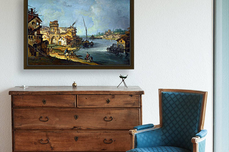 Buildings and Figures near a River with Shipping by Michele Marieschi