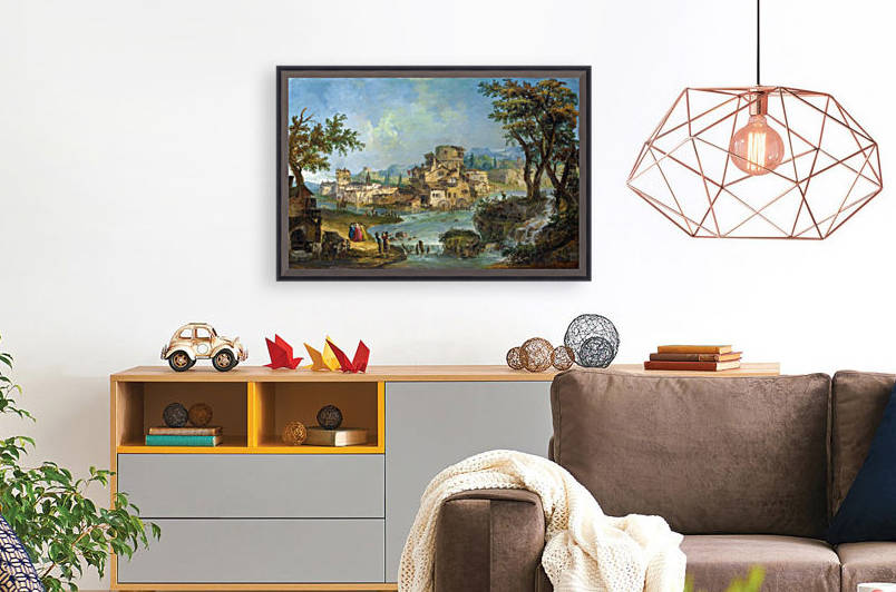 Buildings and Figures near a River with Rapids by Michele Marieschi