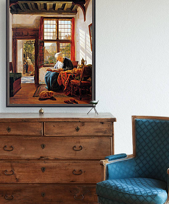 Reading old woman at window by Abraham van Strij