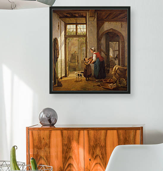 Binnenhuis met vrouw en kind by Abraham van Strij