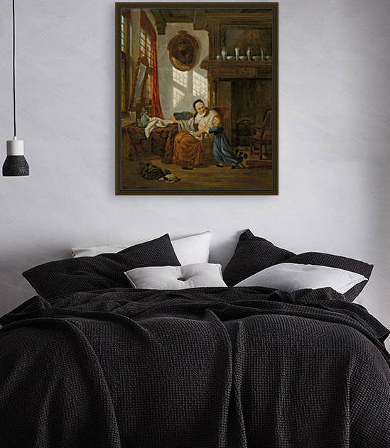 Interior with an old woman and her grandchild by Abraham van Strij