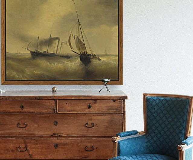 A paddle steamer passing a French fishing vessel in rough waters by Jean Antoine Theodore de Gudin