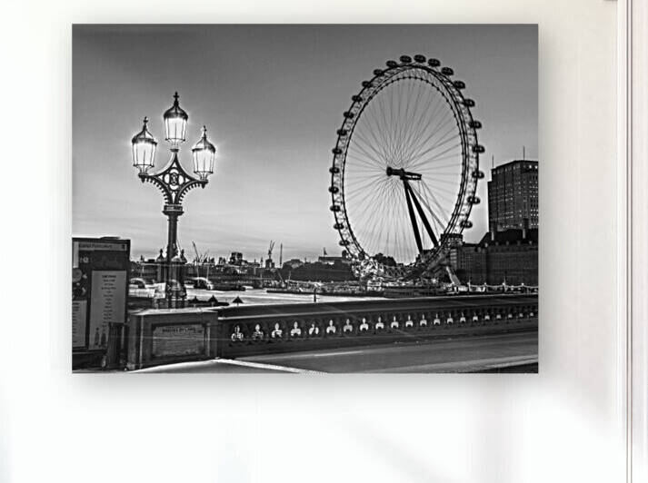 Street lamp on Westminster Bridge with London Eye in background, London, UK by Assaf Frank