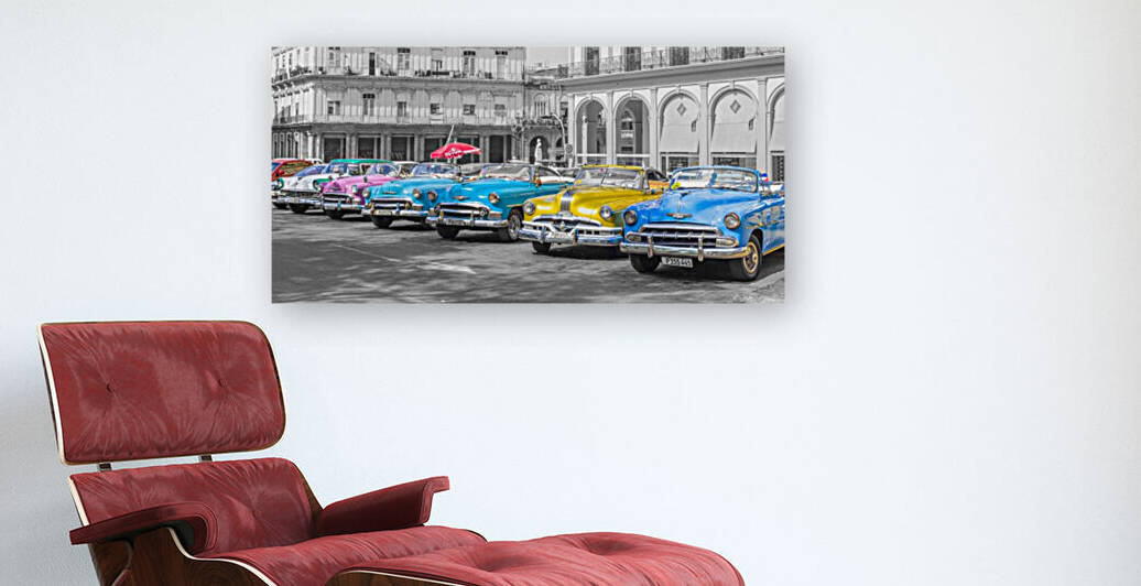 Traditional cuban cars parked in row by the road in Havava, Cuba by Assaf Frank