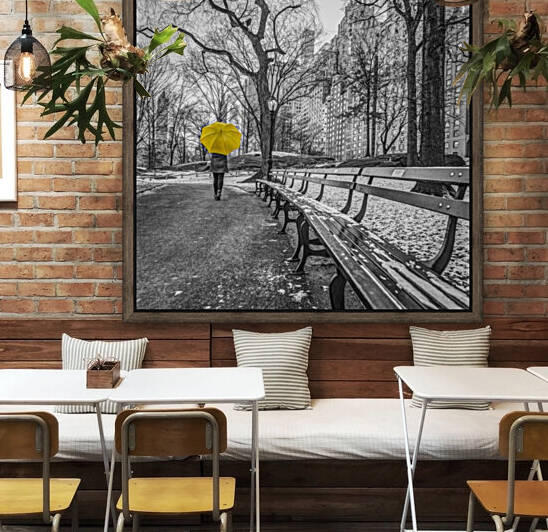 Tourist on pathway with Yellow umbrella at Central park, New York by Assaf Frank