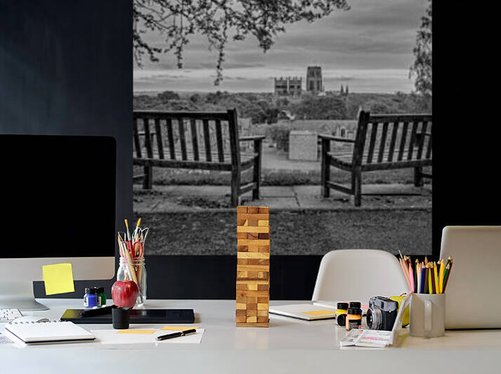 Park benches with Durham Cathedral in background by Assaf Frank