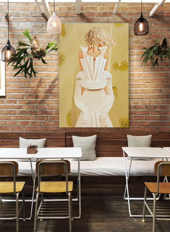 Portrait of a platinum blonde woman wearing a white designer dress made with cardboard in front of a yellow background with mimosas by Artmood Visualz