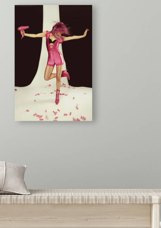 Beautiful young woman wearing a pink one-piece jumpsuit doing a dance pose in the middle of hair rolls while holding a pink hair dryer her raspberry colored hair flying around by Artmood Visualz
