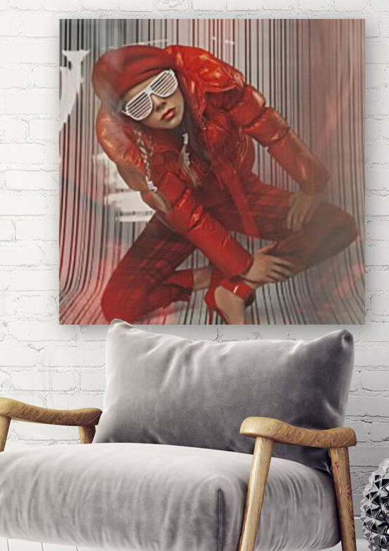Beautiful blonde fashion model wearing braids in a red outfit with grill glasses posing in a white striped plastic environment by Artmood Visualz