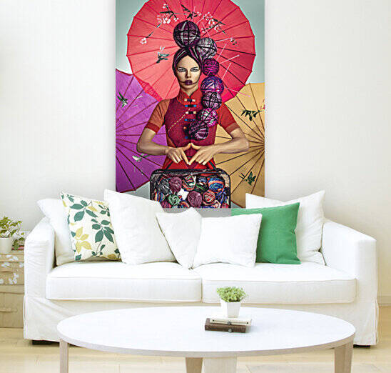 Portrait of an Asian woman with wool hair and wool makeup holding a bag of wool balls in front of colorful handcrafted chinese umbrellas by Artmood Visualz