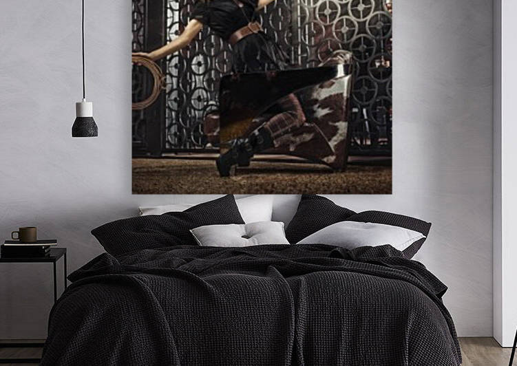 Rear view of a beautiful young blonde woman wearing an elegant red and gold princess gown and golden jewels leaning against a dungeon door by Artmood Visualz