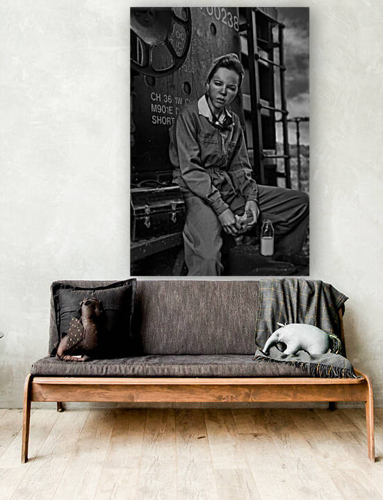 Vintage dirty female worker having her lunch break with a sandwich and a bottle of milk sitting a train wagon on a cloudy day by Artmood Visualz